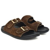 Brown leather comfort slippers for men with a classic design.